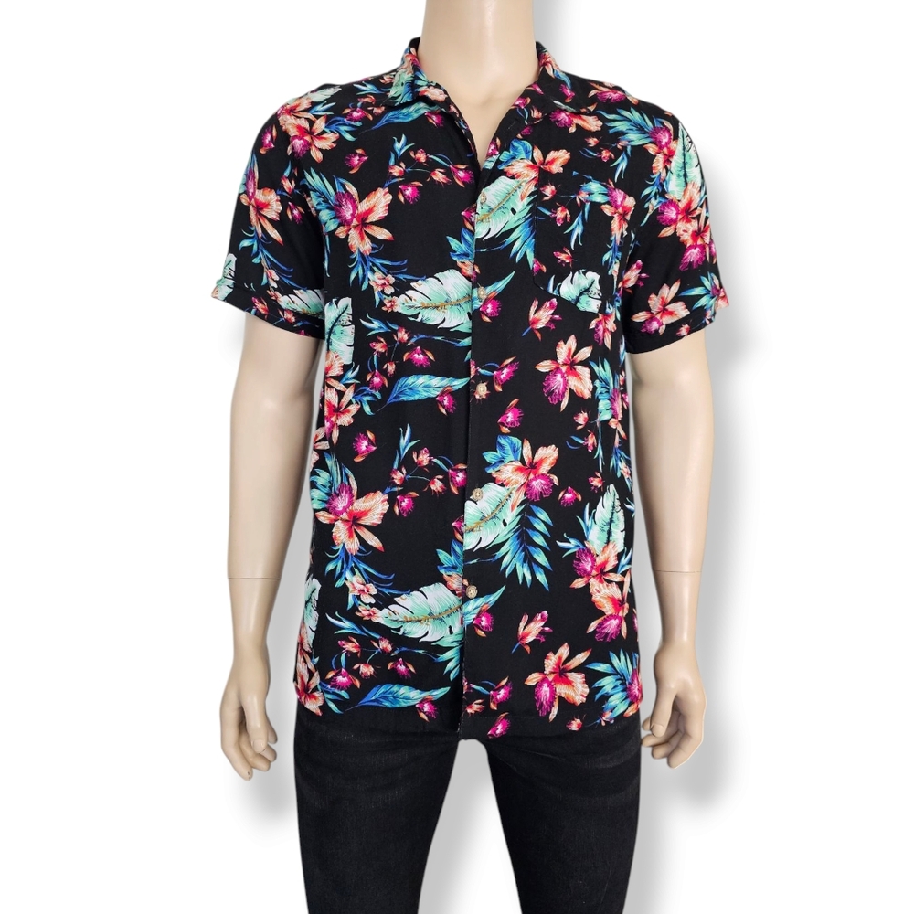 Dirty Laundry Black & Pink Tropical Floral Resort Button Down Shirt Size Large